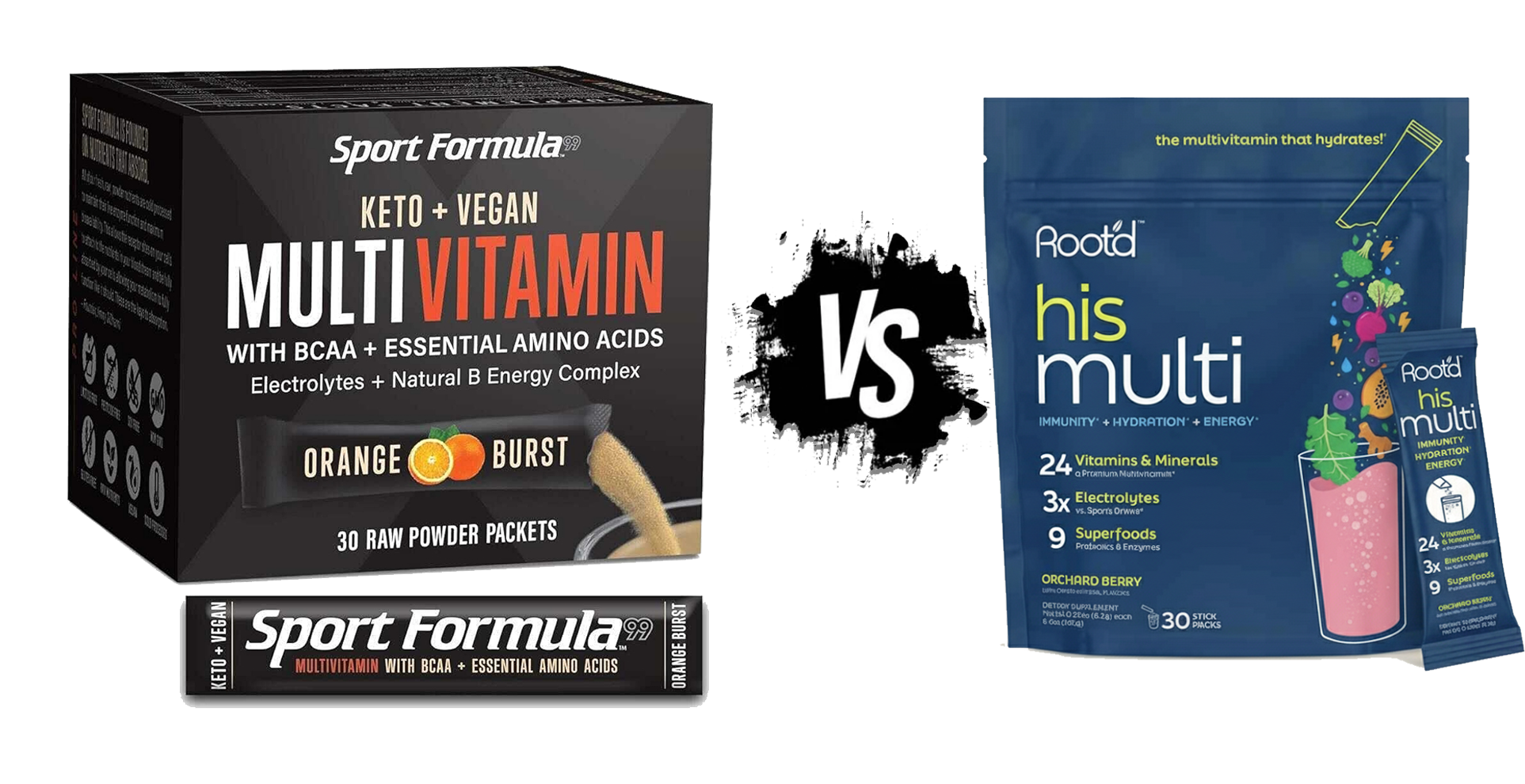 Comparison of Sport Formula Multi Vitamin packaging with Rootd His Multi on a white background.