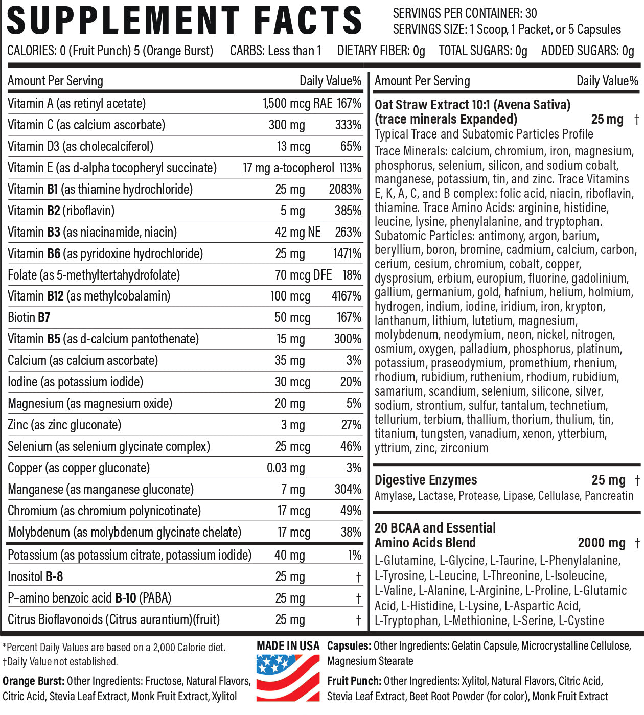 Nutritional label for a multivitamin orange burst packet and fruit punch packet, listing vitamins, minerals, amino acids, and other ingredients per serving.