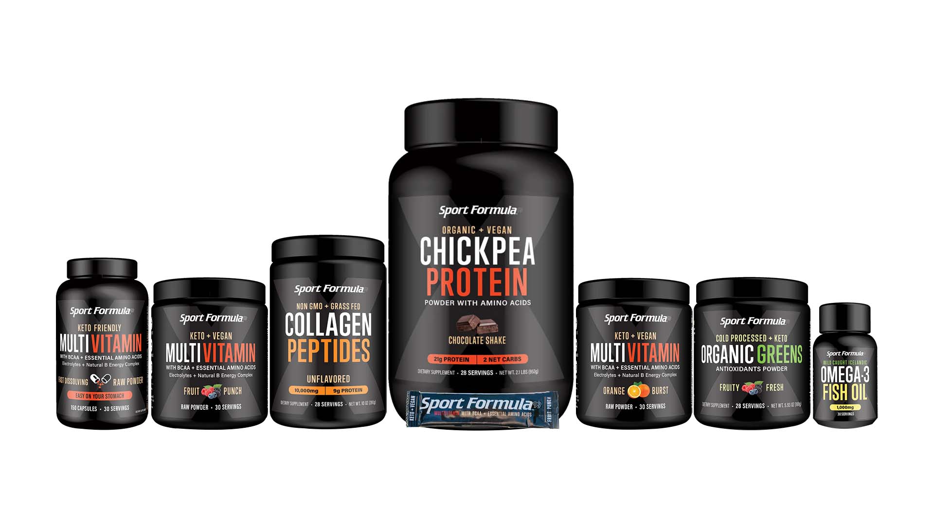A collection of Sport Formula dietary supplements, including chickpea protein, collagen peptides, multivitamins, and omega-3 fish oil.