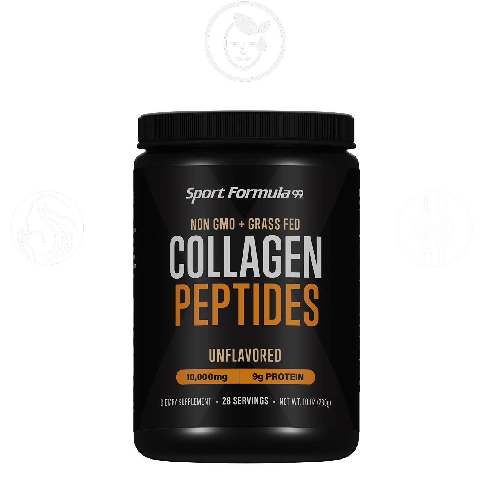 Black container of Sport Formula Collagen Peptides on a white background