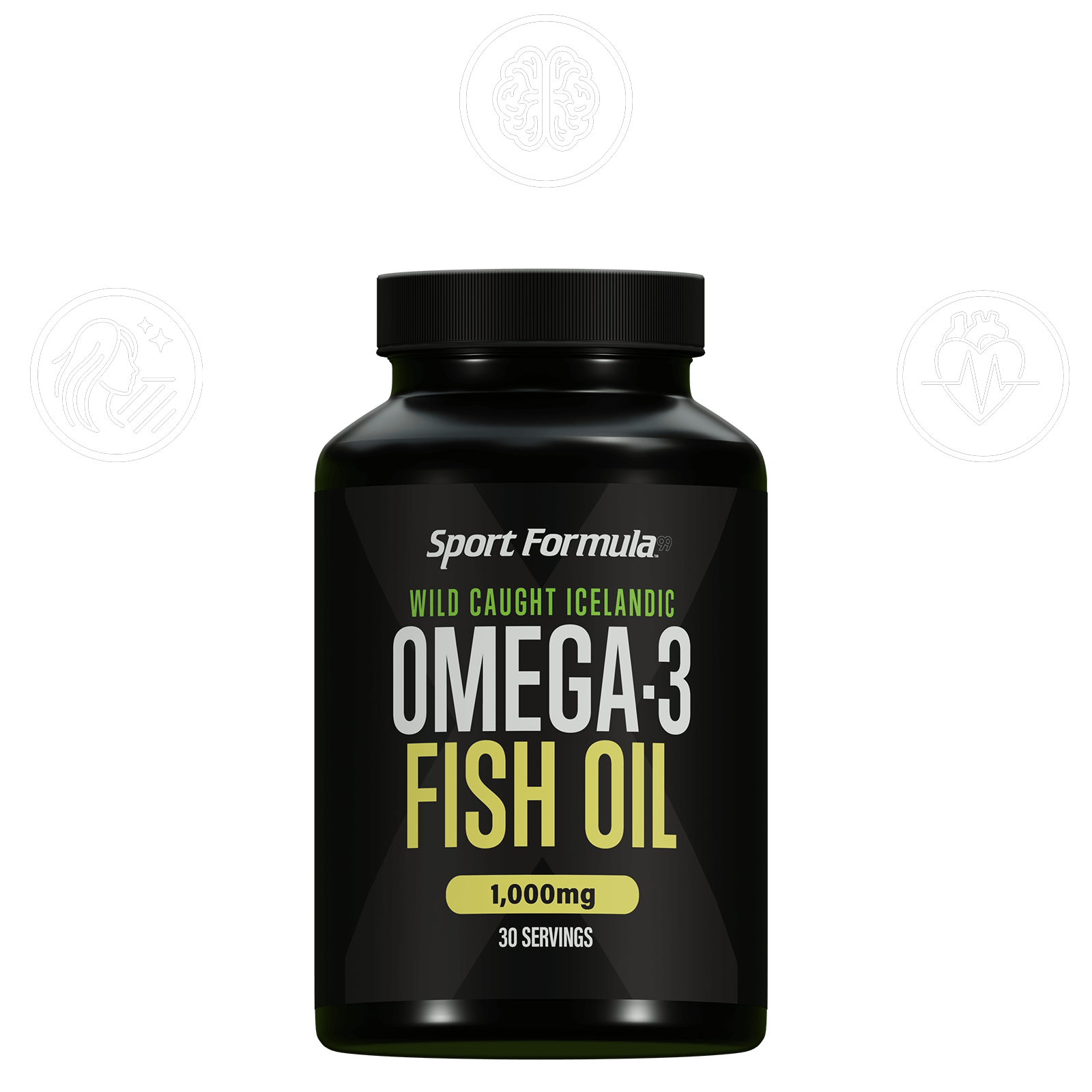 Black bottle of Sport Formula Omega-3 Fish Oil on a white background