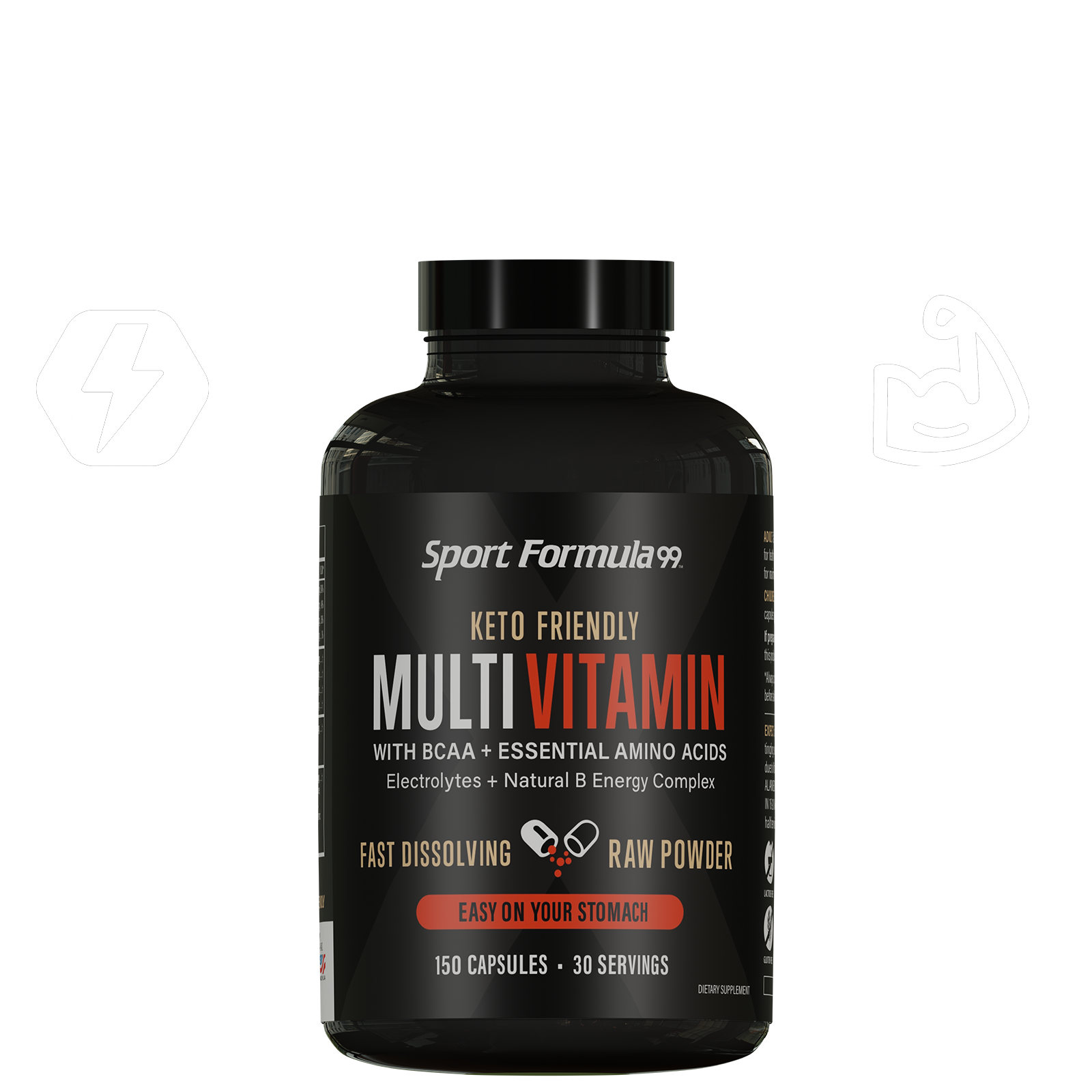 Black supplement bottle labeled Sport Formula with multivitamin information on a white background