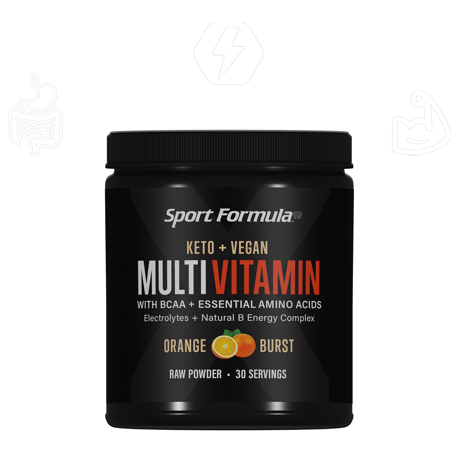 Black container of Sport Formula Multi Vitamin with orange flavor on a white background