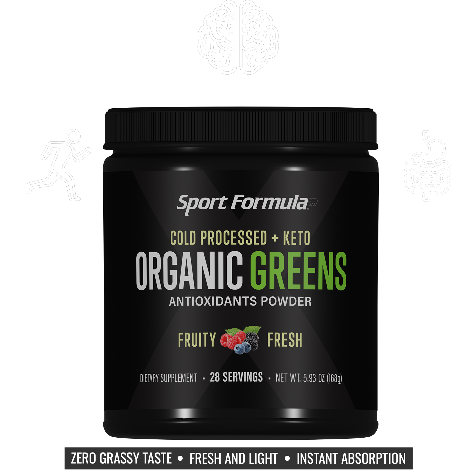 Sport Formula Organic Greens powder container on a white background