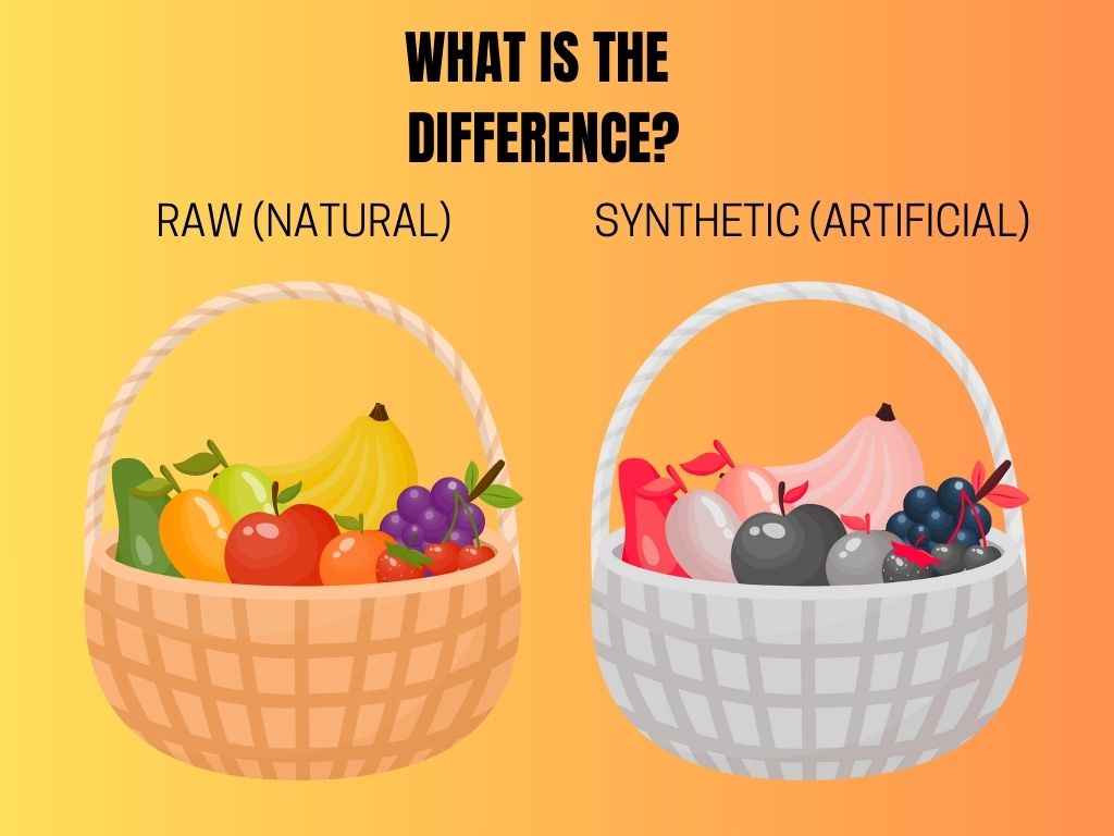 A visual comparison of raw vitamins derived from natural sources and synthetic vitamins, highlighting differences in origin and composition.