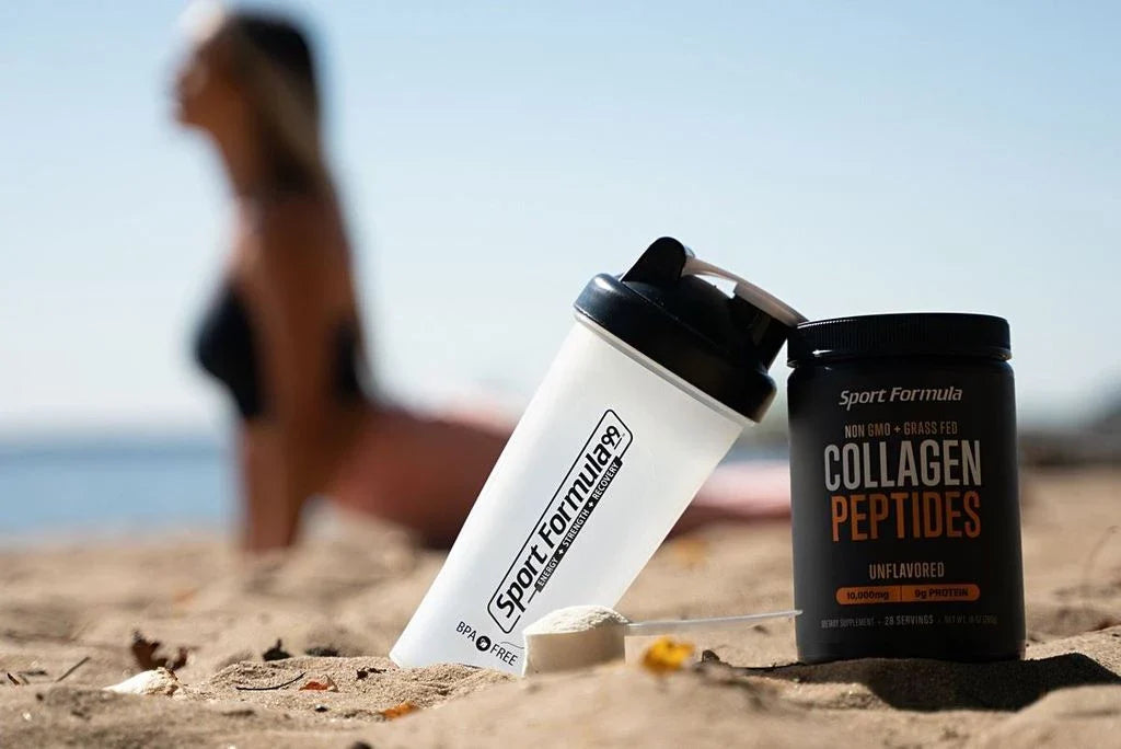 Image of collagen peptides and a shaker cup, with a woman stretching in the background.