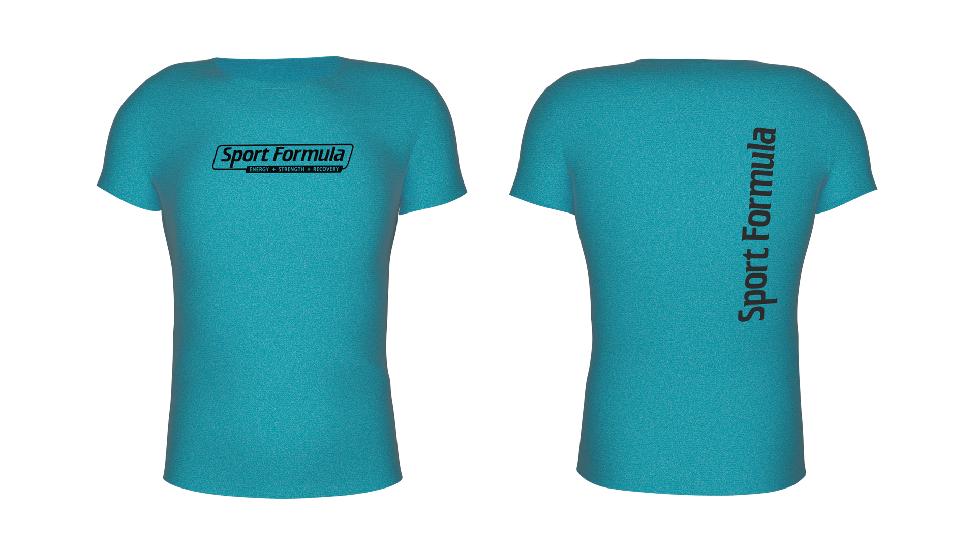 Turquoise t-shirt featuring the Sport Formula logo on the front and side, promoting energy, strength, and recovery.