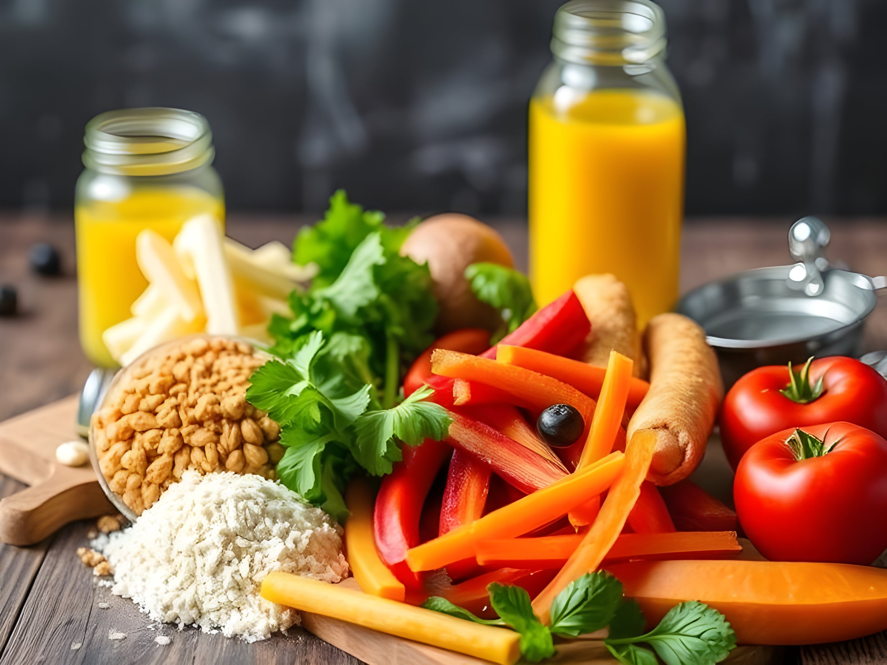 A vibrant assortment of fresh vegetables, herbs, sauces, and orange juice on a wooden surface, showcasing healthy ingredients for cooking.