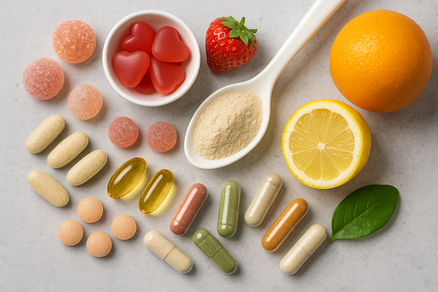 An assortment of vitamins, gummies, and fresh fruits, including strawberries, oranges, and lemons, displayed on a light surface.