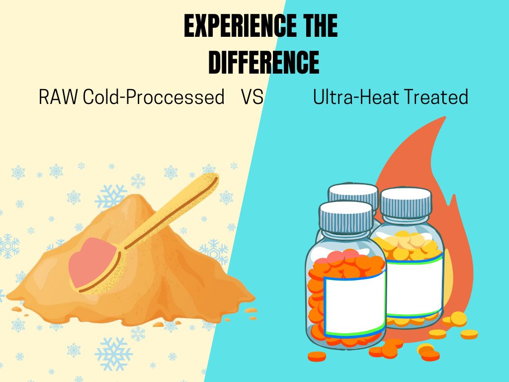 A side-by-side comparison of raw, cold-processed powdered vitamins and ultra-heat-treated pills, showcasing the differences in processing methods and nutrient preservation.