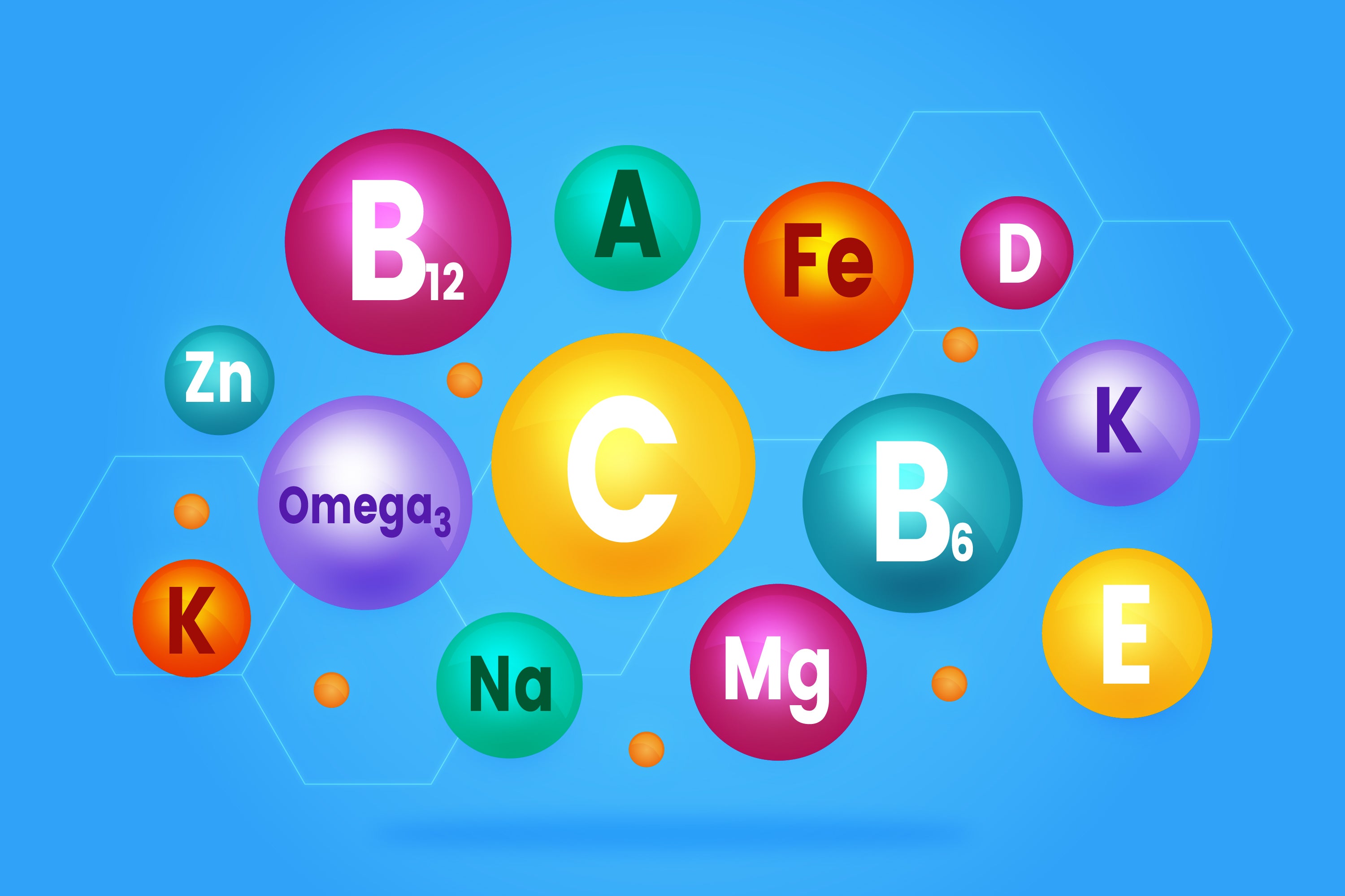 Colorful illustration of vitamin and mineral symbols, including B12, C, A, Fe, D, B6, K, Zn, Omega-3, Mg, Na, and K, on a blue background with hexagonal patterns.